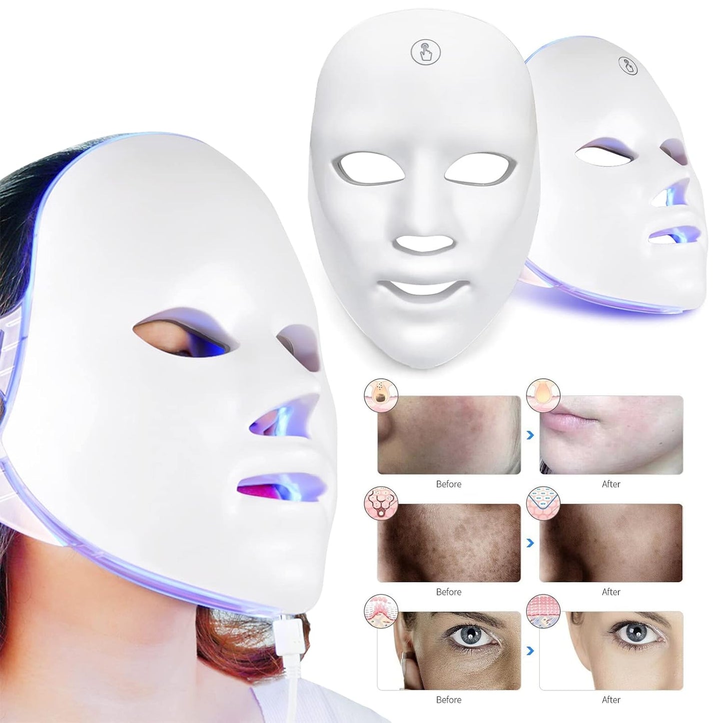 Led-Gesichtsmaske, Photon Therapie Maske, Drahtlose 7 Farbe Led Maske, Hautverjüngungs Gesichtsmaske Für Gesicht Anti-Aging, Whitening, Reduziert Pickel (A)