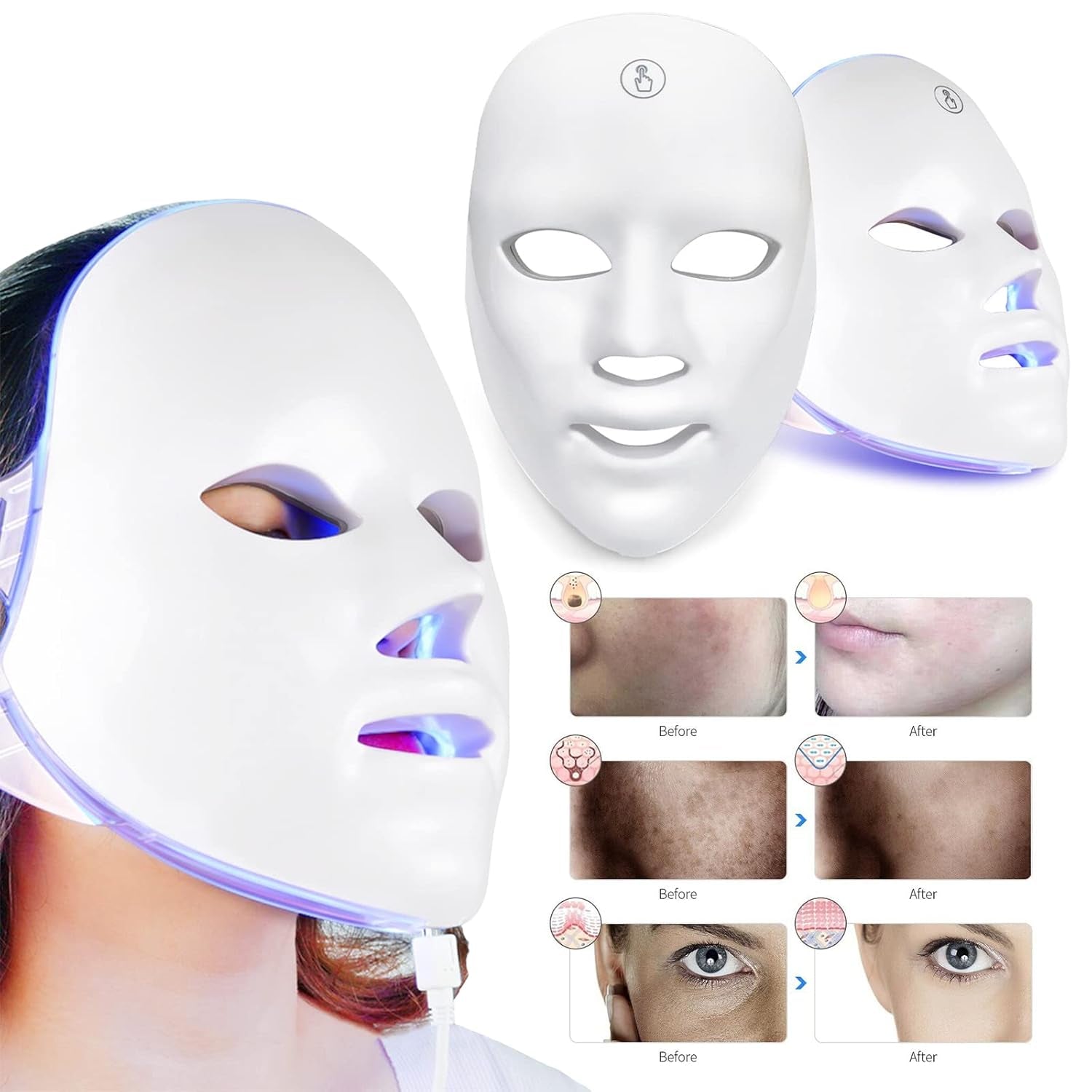Led-Gesichtsmaske, Photon Therapie Maske, Drahtlose 7 Farbe Led Maske, Hautverjüngungs Gesichtsmaske Für Gesicht Anti-Aging, Whitening, Reduziert Pickel (A)